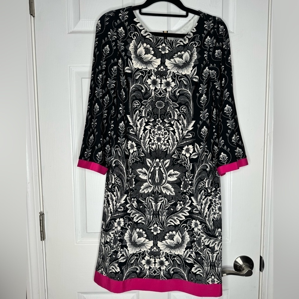 ELIZA J Black/White Floral Pattern Shift Dress With‎ Hot Pink Trim Size 4
